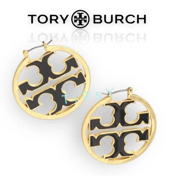 Beautiful Tory Burch Black and Gold Miller Hoop Earrings - Picture 2 of 7